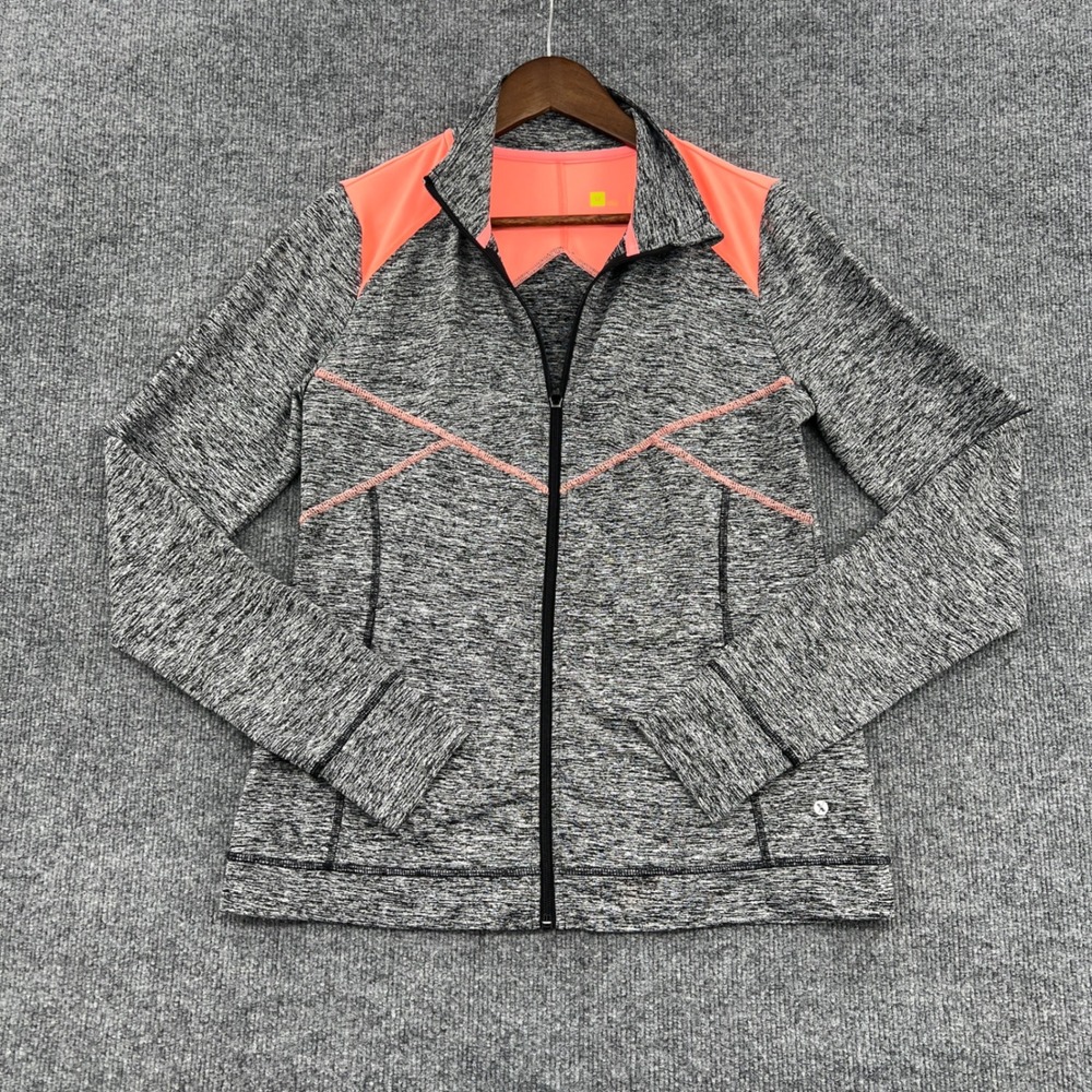 Xersion Full Zip Track Jacket Womens Medium Gray Space Dye Neon Pink Gym Running